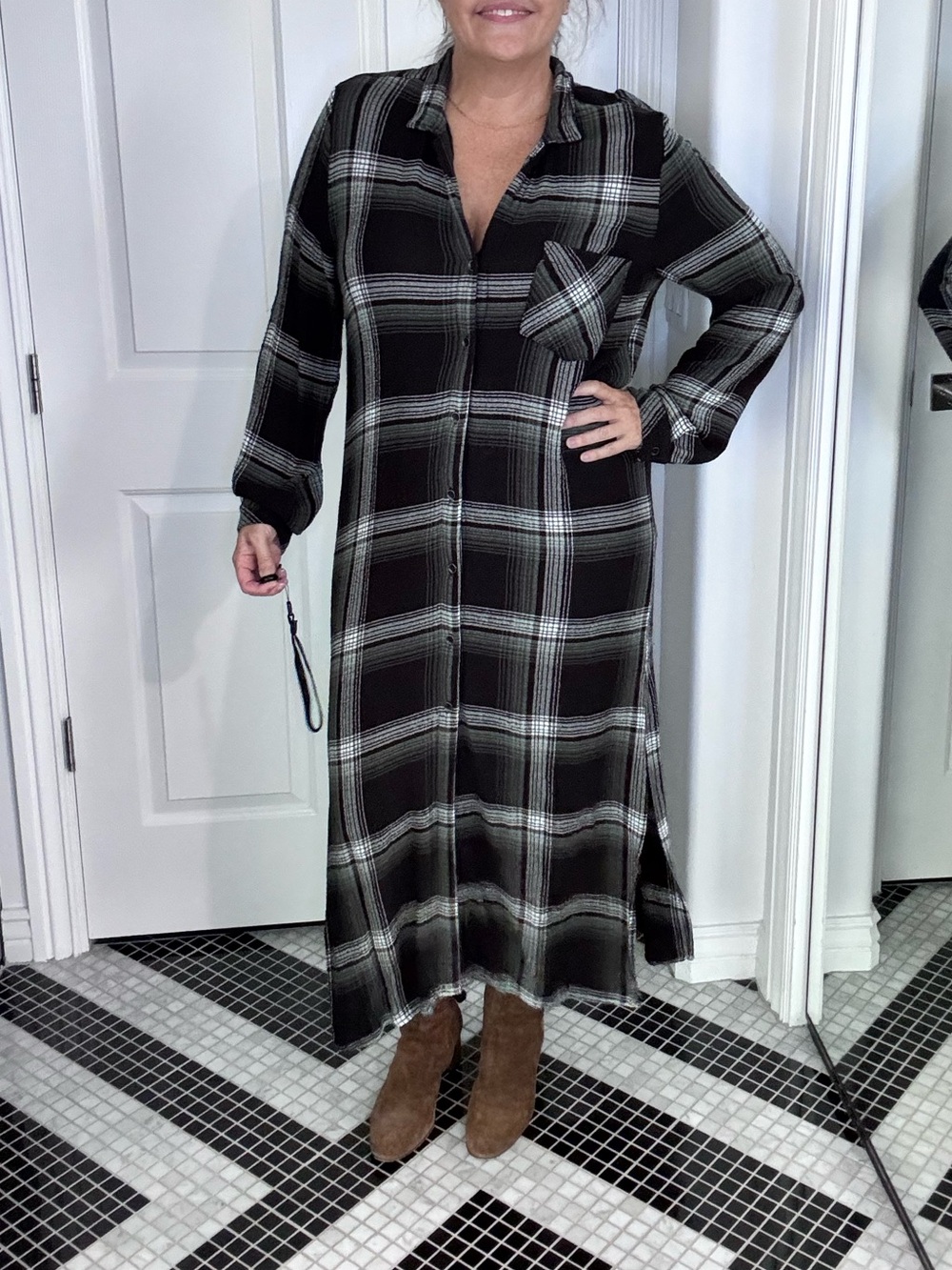 Bella Dahl Plaid Shirt Dress With Roll Tab Sleeves Button Down Size L - Picture 9 of 10